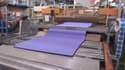 Des échantillons de la future piste violette du Stade de France dans l'usine où elle est fabriquée