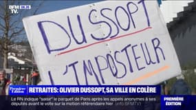 Retraites: dans la manifestation d'Annonay, des pancartes visent Olivier Dussopt, ancien maire de la ville 