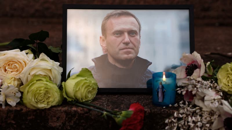 Un portrait d'Alexeï Navalny accompagnés de fleurs et bougies en sa mémoire, devant l'ambassade russe à Paris, en France, le 17 février 2024