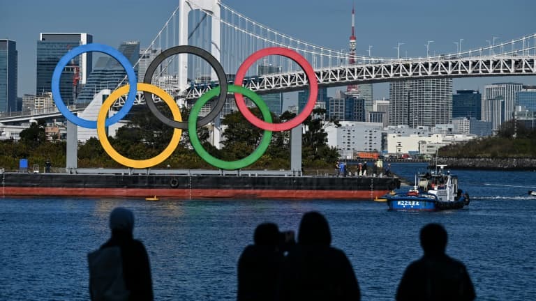 Des anneaux olympiques géants sont réinstallés sur le front de mer, le 1er décembre 2020 à Tokyo
