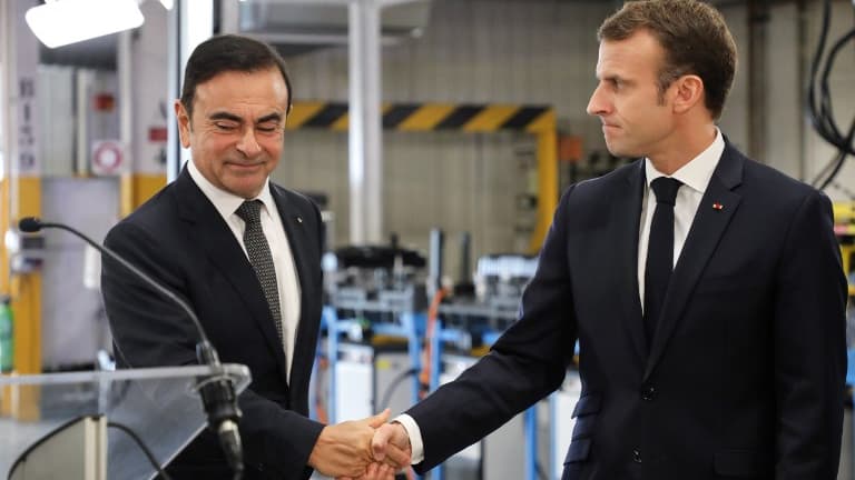 Emmanuel Macron et Carlos Ghosn, dans l'usine Renault de Maubeuge, deux semaines avant l'arrestation du PDG.