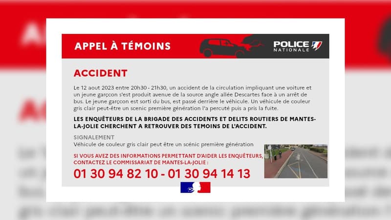 Un appel à témoins lancé le 14 août 2023 après un accident entre une voiture et un jeune garçon à Mantes-la-Jolie.