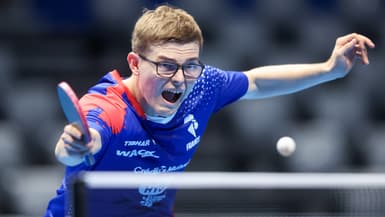 Alexis Lebrun aux championnats d'Europe de tennis de table par équipes à Zadar (Croatie), le 11 octobre 2025
