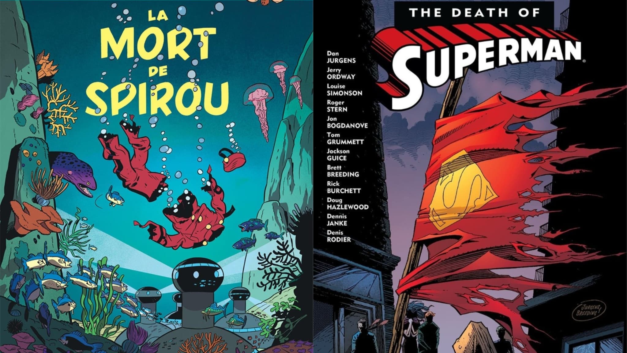 Les couvertures de "La Mort de Spirou" et de "La Mort de Superman"