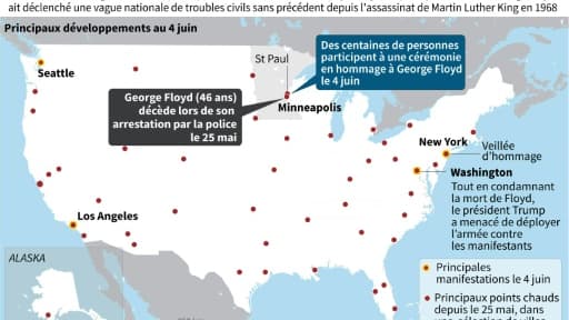 Carte des Etats-Unis localisant les manifestions contre le racisme le 4 juin, et les principaux points chauds depuis le 25 mai et la mort de George Floyd