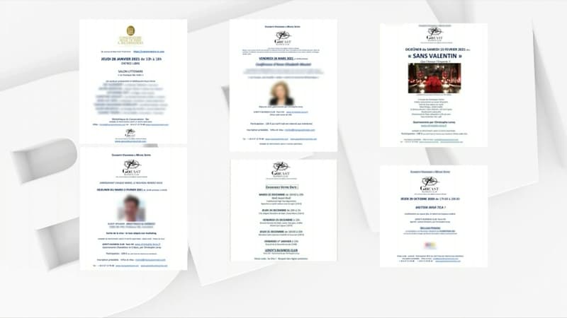 Des cartons d'invitation évoquant la tenue de différents événements entre octobre 2020 et avril 2021, et auxquels le chef Christophe Leroy est soupçonné d'avoir participé.