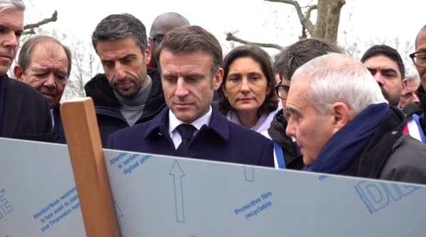 Emmanuel Macron visits the Olympic Village on February 29, 2024
