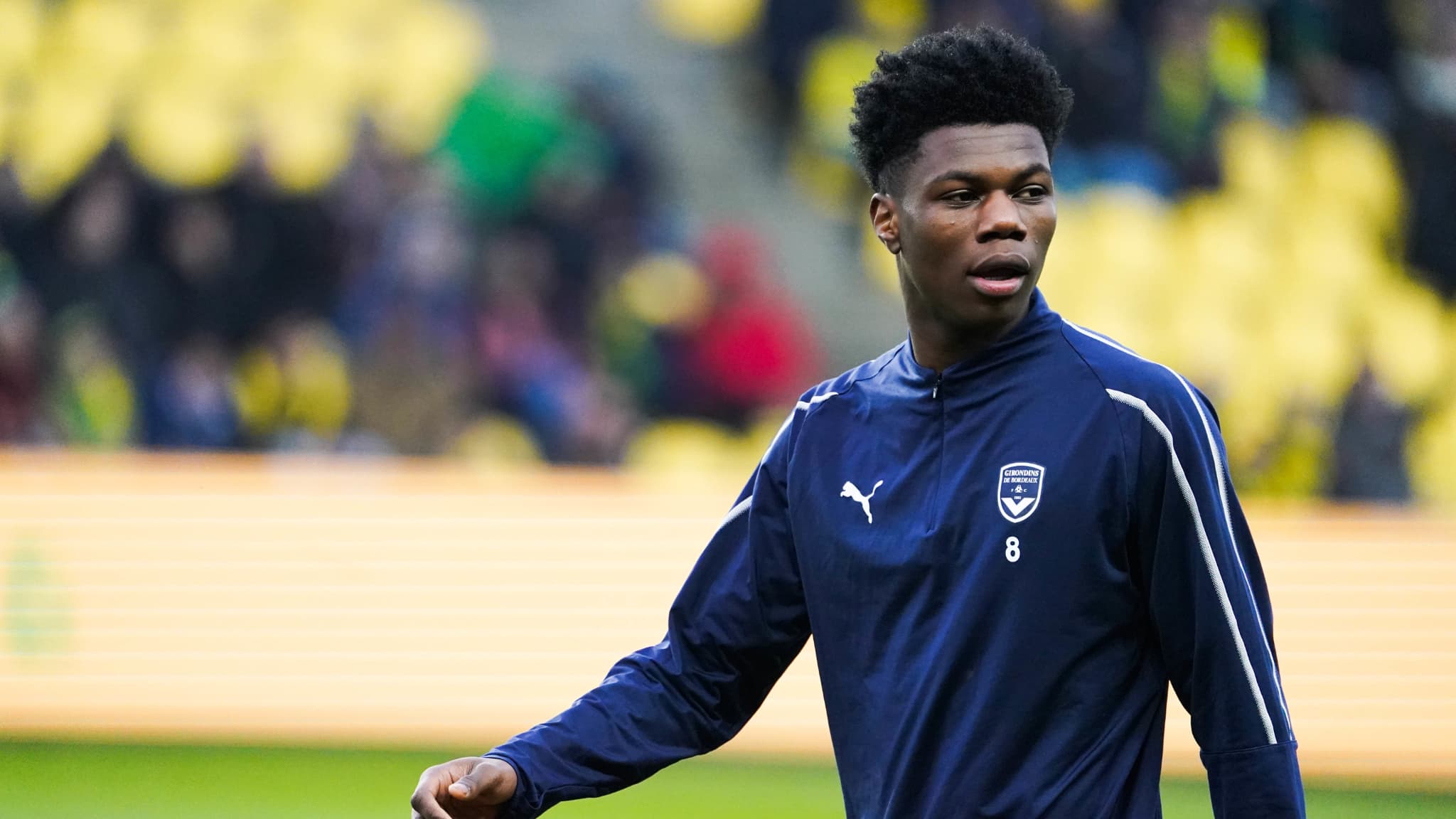 Aurélien Tchouaméni lors d'un échauffement des Girondins en janvier 2020