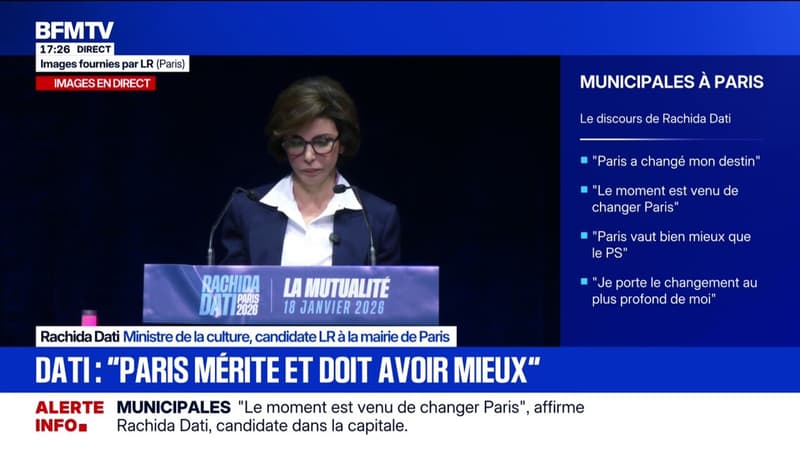 Élection municipale: "Paris mérite mieux, Paris doit avoir mieux", déclare Rachida Dati, ministre de la Culture et candidate LR à la mairie de Paris