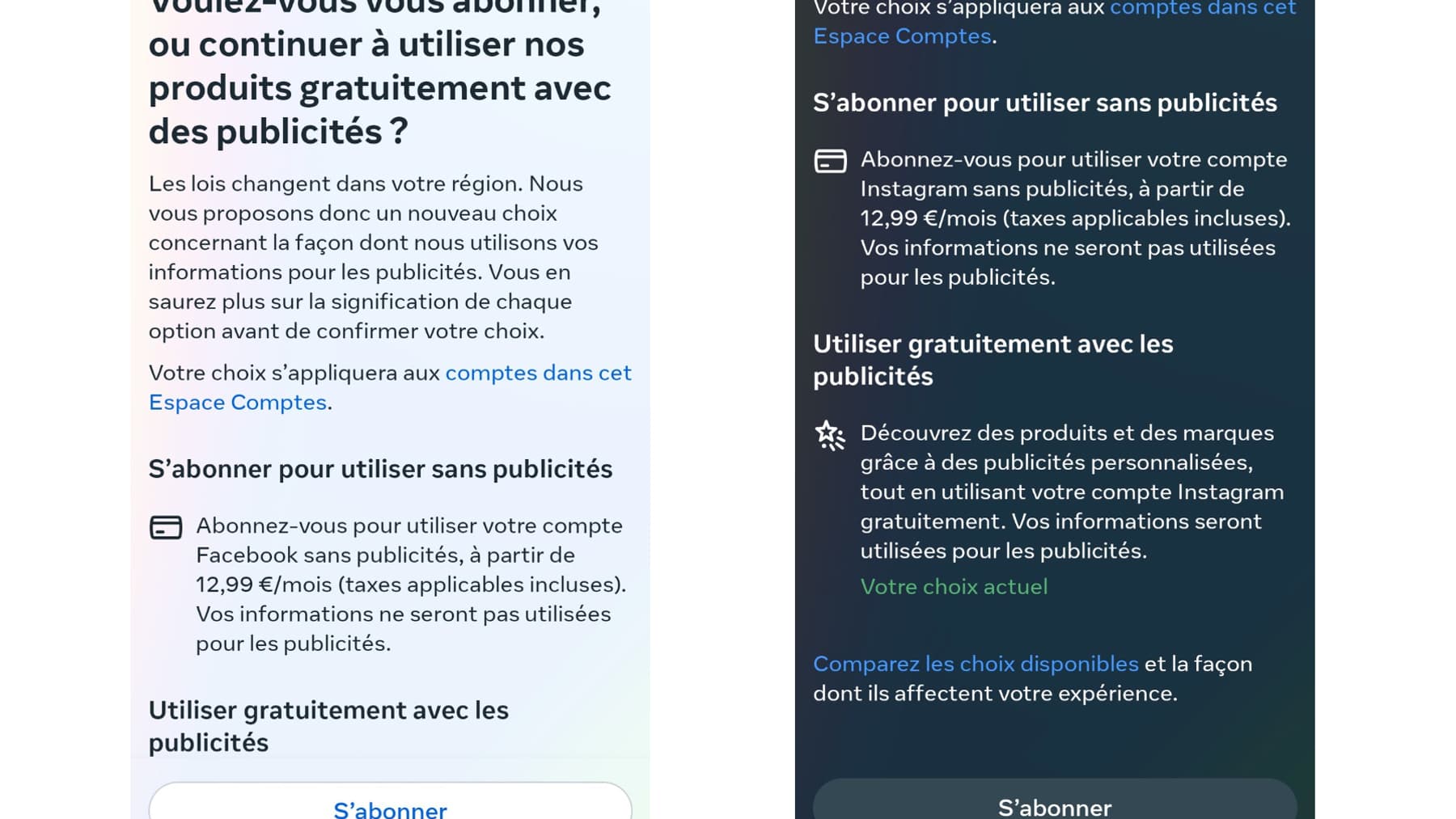 Capture d'écran des messages affichés sur Facebook et Instagram
