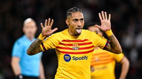 Raphina célèbre son but lors du quart de finale aller de Ligue des champions entre le PSG et le Barça (2-3), le 10 avril 2024