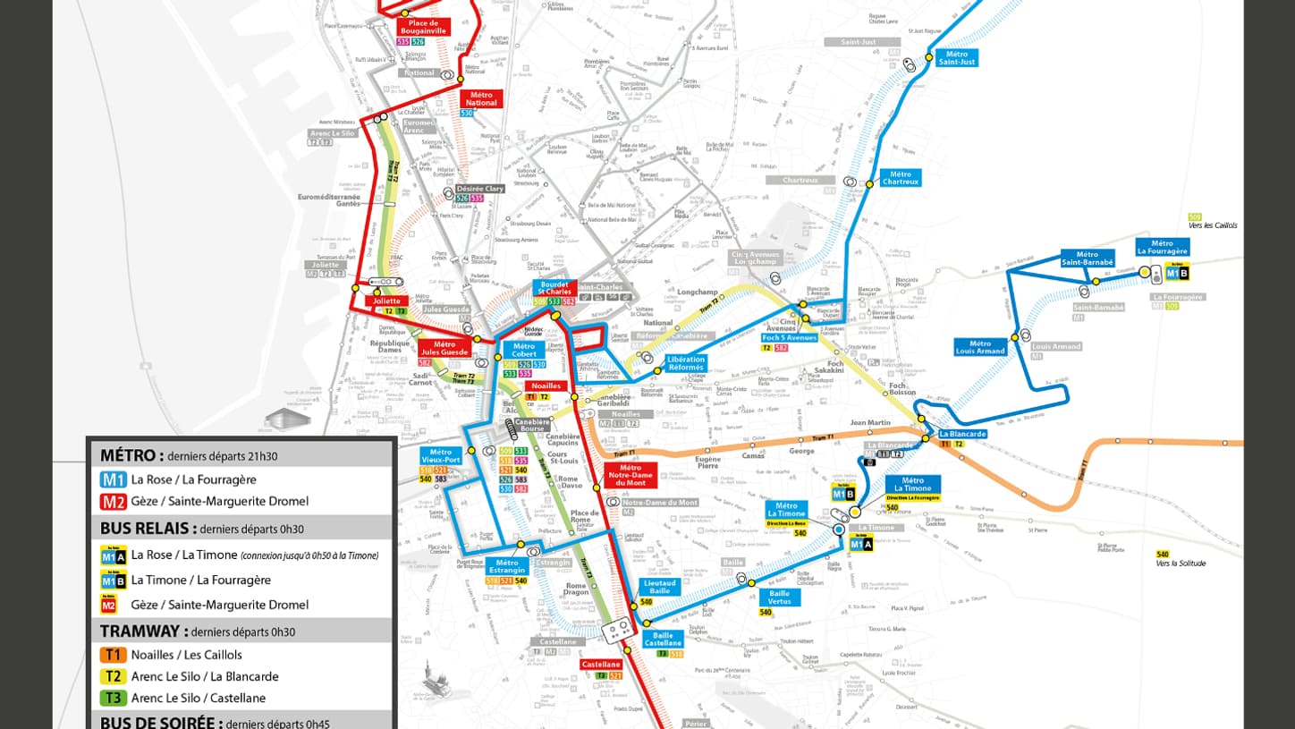 Le plan de transport de la RTM pendant l'arrêt du métro le soir à Marseille.