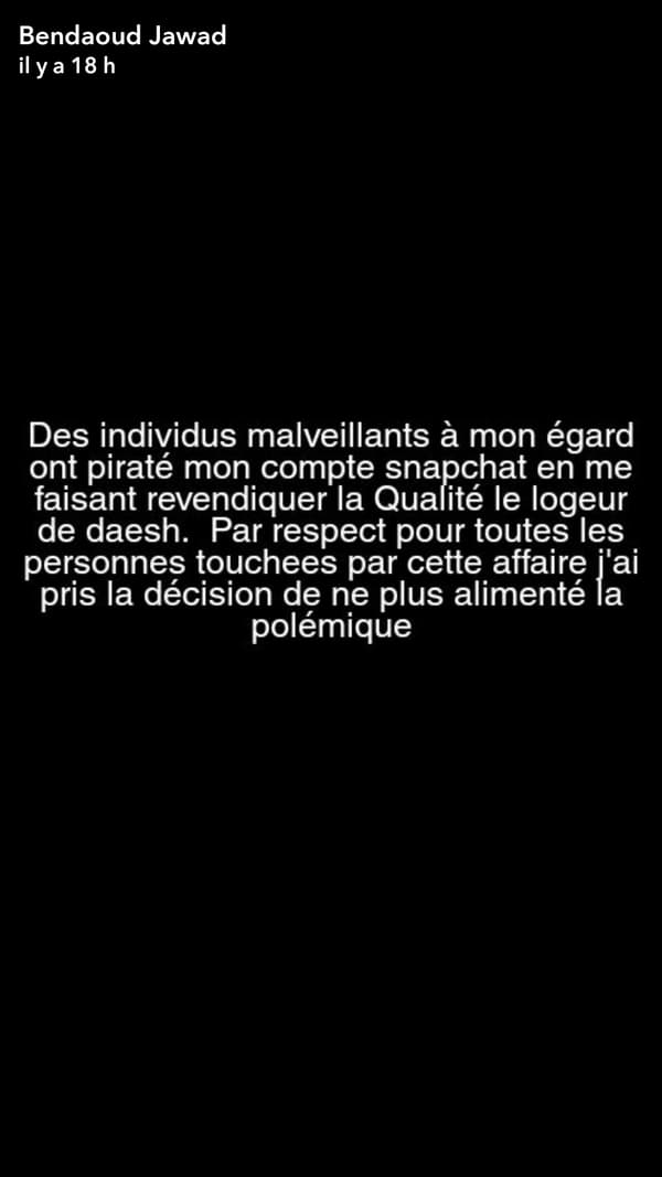 Capture d'écran du compte Snapchat de Jawad Bendaoud. Capture d'écran du compte Snapchat de Jawad Bendaoud.