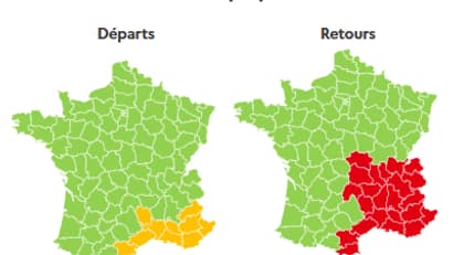 Auvergne-Rhône-Alpes ve Provence-Alpes-Côte d'Azur'a dönüşler için gün kırmızı olarak sınıflandırıldı.