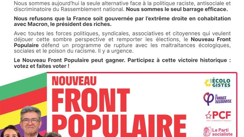 La profession de foi du Nouveau Front populaire pour le second tour des législatives 2024.