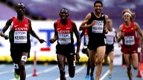 Les Kényans Ezekiel Kemboi et Conseslus Kipruto et le Français Mahiédine Mekhissi à Moscou le 15 août 2013.