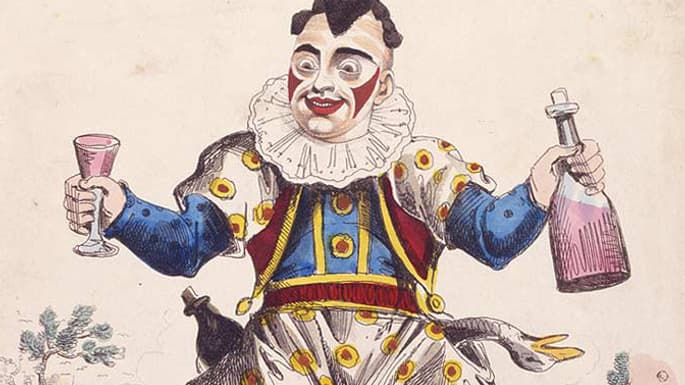 Le clown Grimaldi, représenté par l'illustrateur britannique George Cruikshank. 