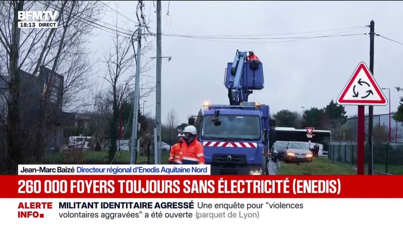 En Gironde, les techniciens d'Enedis tentent de rétablir le courant après le passage de la tempête Nils