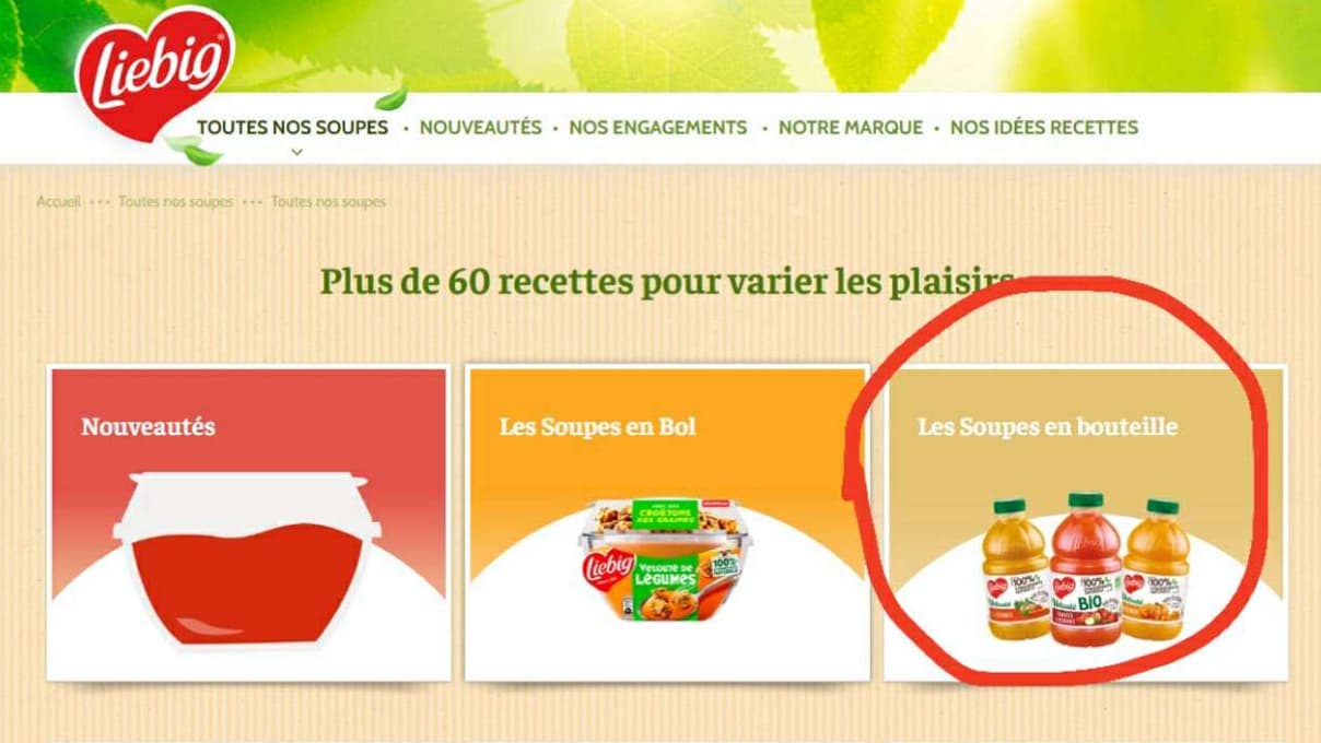 Le site de Liebig aujourd'hui, où l'on voit que la même gamme n'est plus vendue comme "100% Légumes Français". Le site de Liebig aujourd'hui, où l'on voit que la même gamme n'est plus vendue comme "100% Légumes Français".