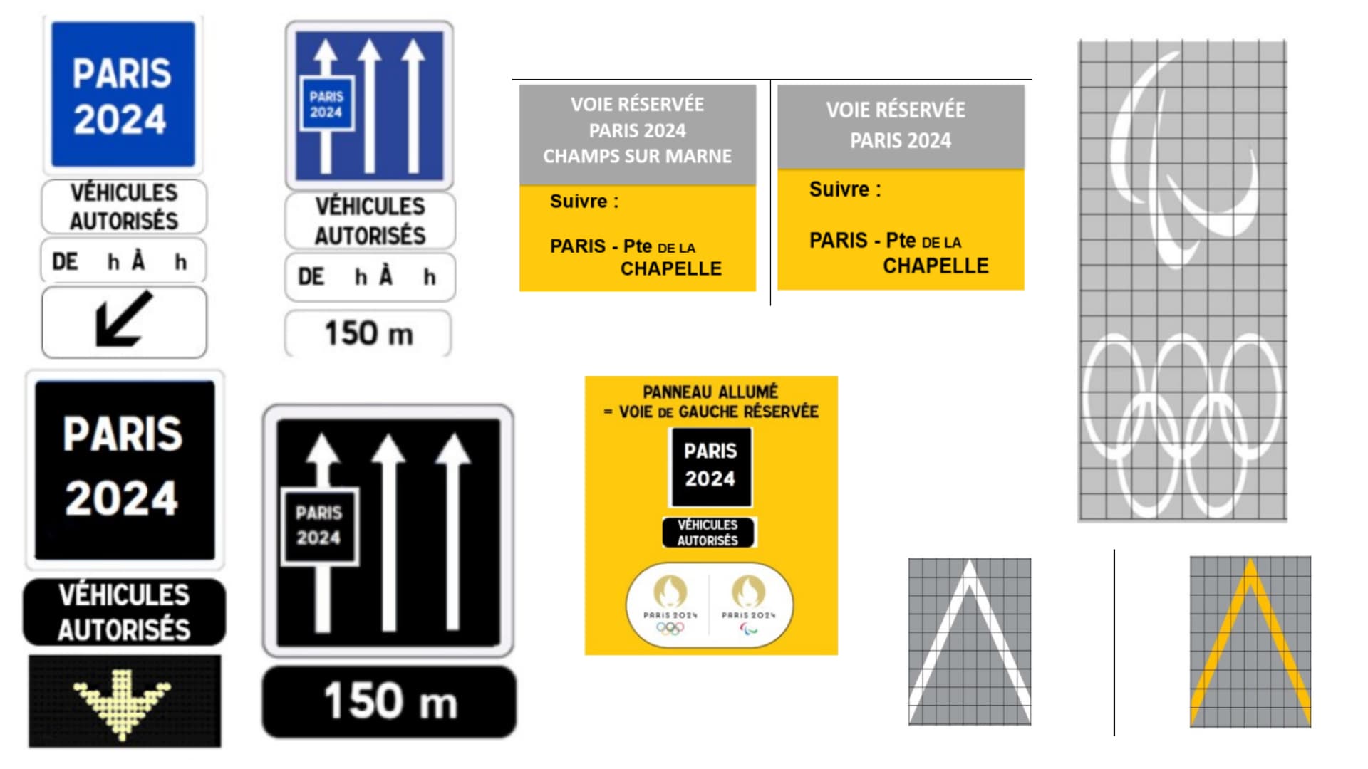 Exemples de signalétiques utilisées pour indiquer les voies olympiques, utilisées à partir du 15 juillet 2024 en Île-de-France dans le cadre des Jeux olympiques.