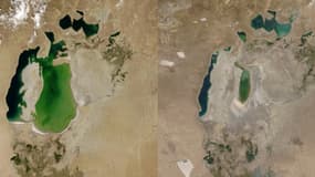 La mer Aral en 2000 et en 2018, capturé par Lansat