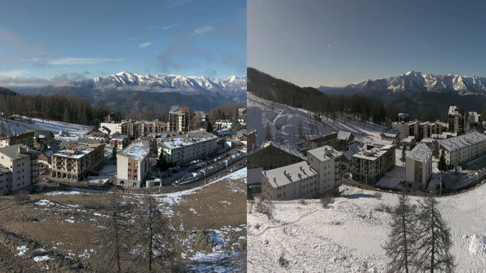 Montage photo montrant la station de Valberg (Alpes-Maritimes) le 7 janvier (gauche) et le 10 janvier (droite). Montage photo montrant la station de Valberg (Alpes-Maritimes) le 7 janvier (gauche) et le 10 janvier (droite).