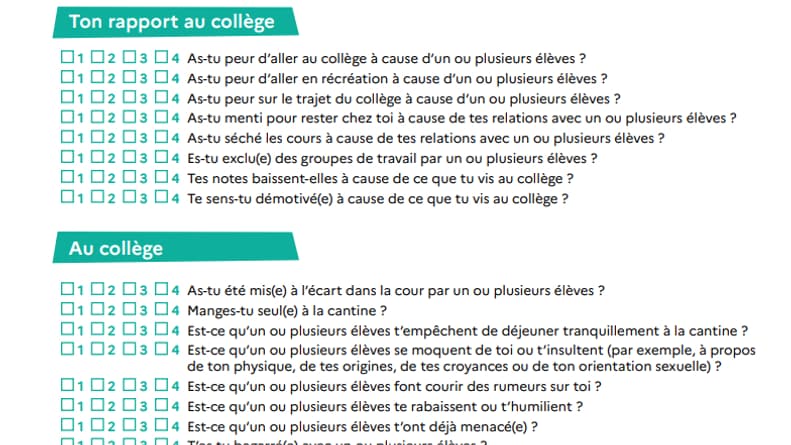 Extrait du questionnaire sur le harcèlement scolaire distribués aux collégiens du 9 au 15 novembre 2023.