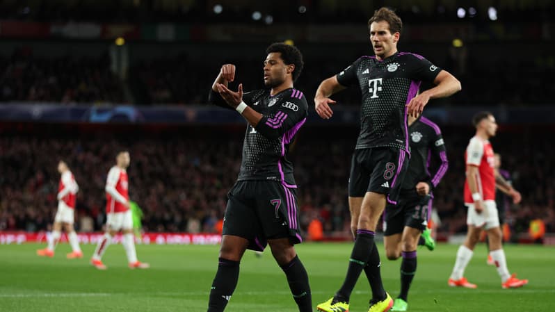 Serge Gnabry célèbre son but avec Leon Goretzka lors du quart de finale de Ligue des champions Arsenal-Bayern, 9 avril 2024