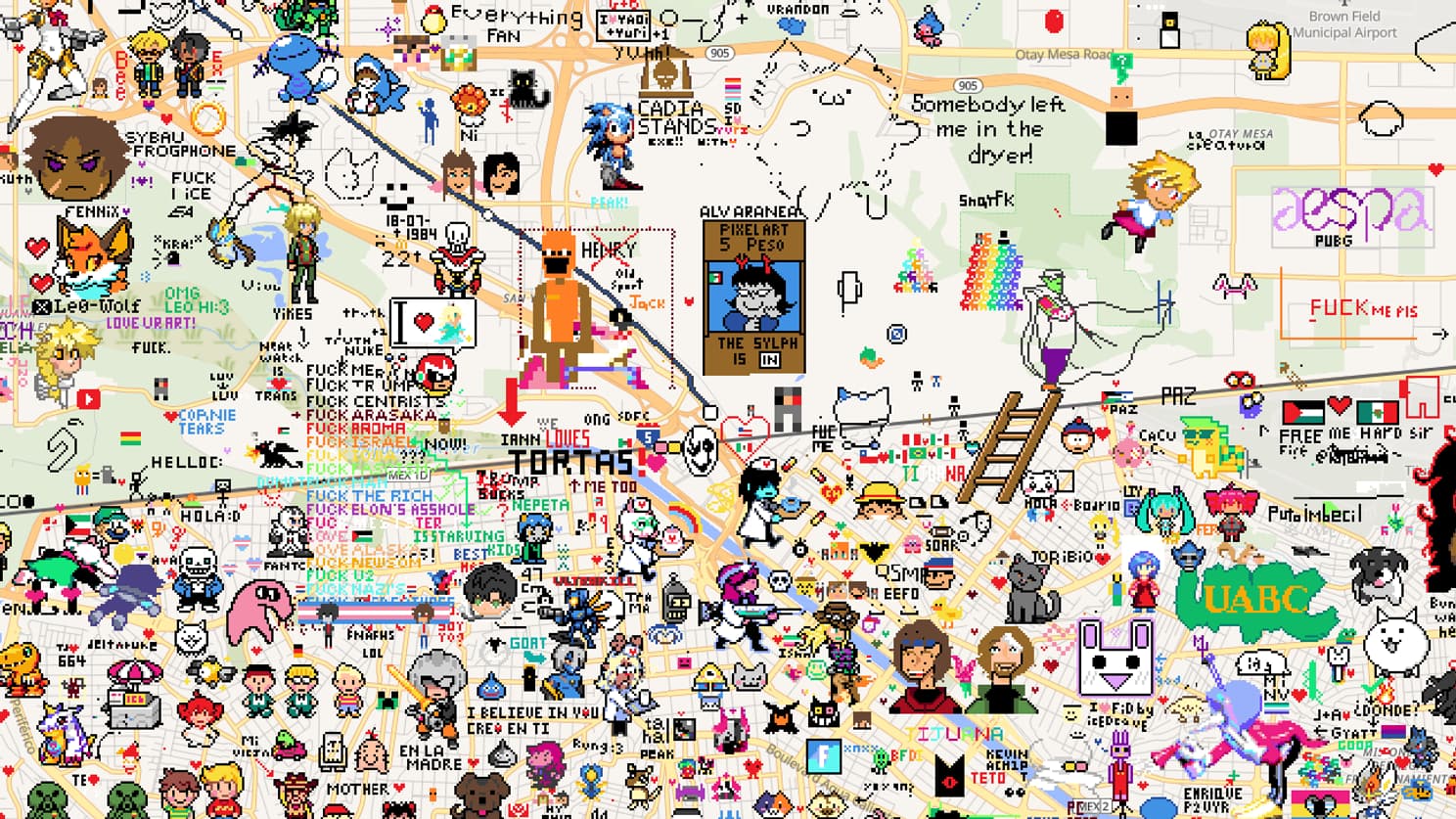 La "Pixel War" mondiale de Wplace.live (ici à la frontière entre le Mexique et les Etats-Unis)