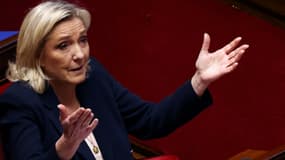 La cheffe de file des députés RN, Marine Le Pen, à l'Assemblée nationale, le 30 janvier 2024 à Paris