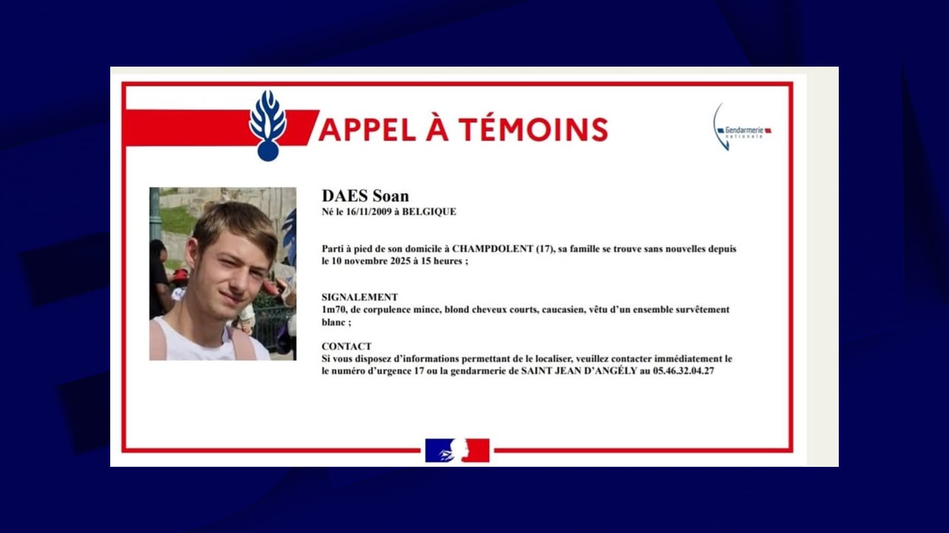 La gendarmerie lance un appel à témoins après la disparition de Soan ...