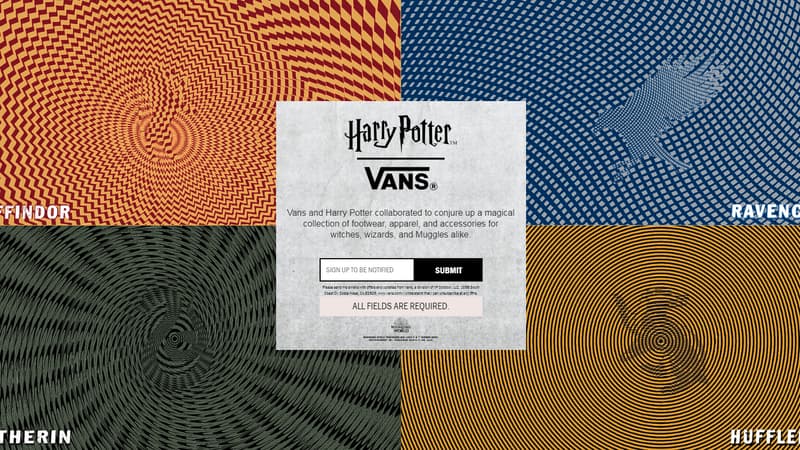 La page du site de Vans sur la collaboration avec Harry Potter. 