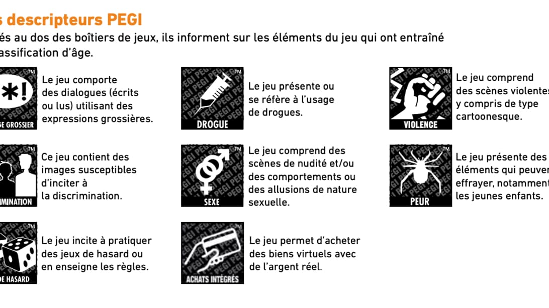 Les différents éléments pris en compte dans la classification PEGI des jeux vidé