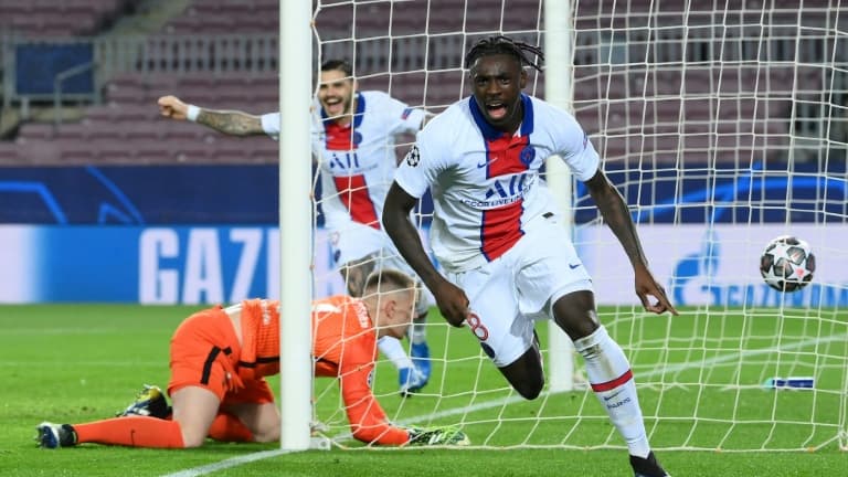 L'attaquant parisien Moise Kean auteur du 3e but du PSG contre le FC Barcelone au Camp Nou, le 16 février 2021
