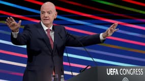 Gianni Infantino, lors du congrès de l'UEFA à Belgrade le 3 avril 2025