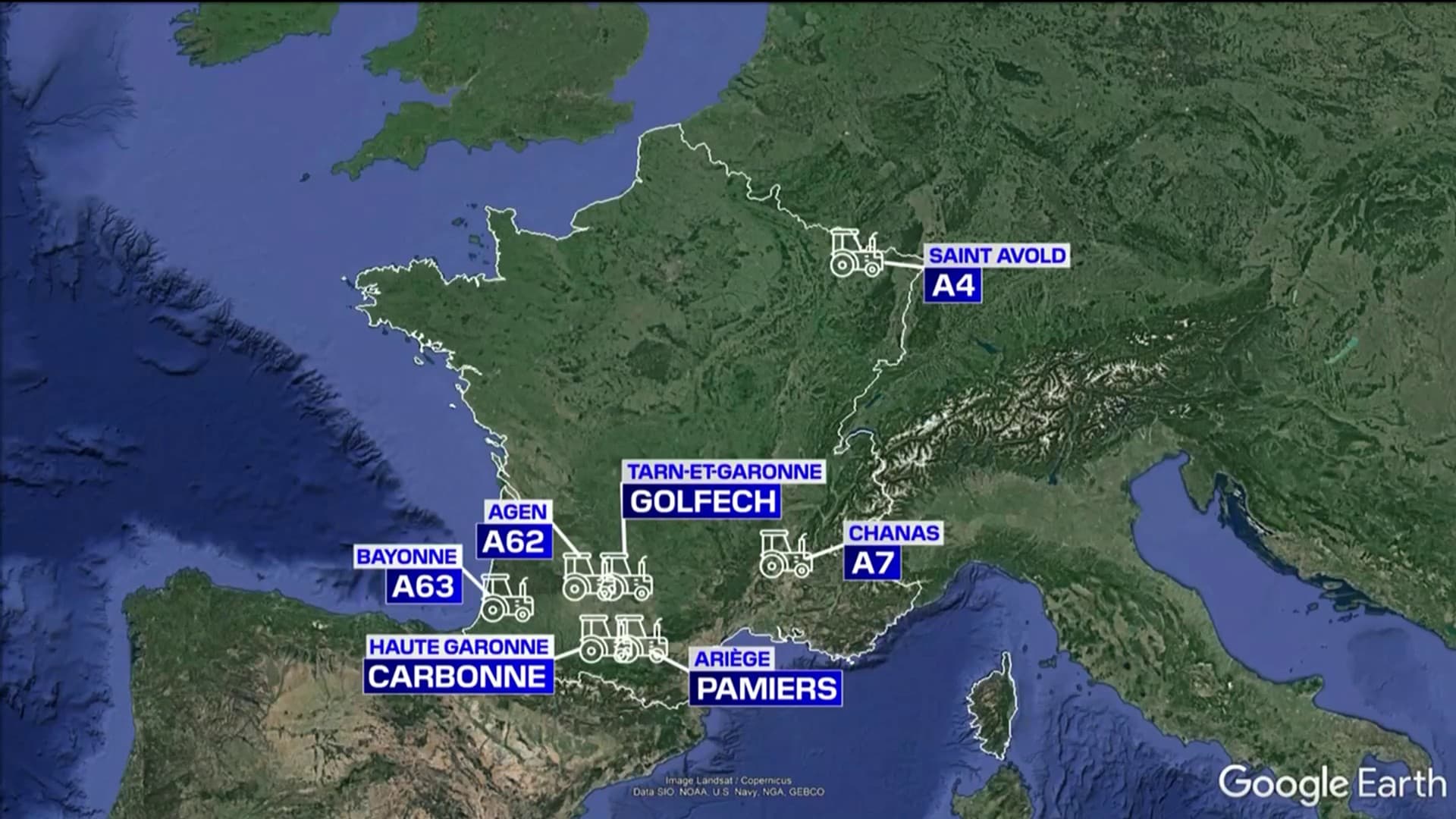 Lieux bloqués par les agriculteurs manifestant en France ce mardi 23 janvier 2024. Lieux bloqués par les agriculteurs manifestant en France ce mardi 23 janvier 2024.