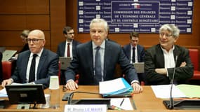 Bruno Le Maire ce jeudi 12 décembre 2024 à l'Assemblée nationale à côté d'Eric Ciotti et d'Eric Coquerel, auditionné devant la commission d'enquête sur le dérapage des finances publiques.