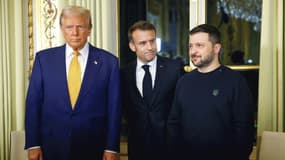 Donald Trump, Emmanuel Macron et Volodymyr Zelensky après une réunion à l'Elysée en marge de l'inauguration de Notre-Dame de Paris, le 7 décembre 2024
