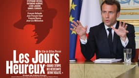 Emmanuel Macron et l'affiche du film Les Jours heureux