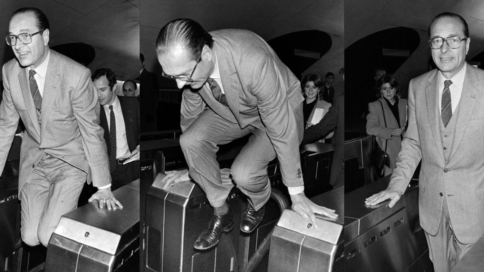 Cette combinaison d'images créée le 27 septembre 2019 montre Jacques Chirac, alors maire de Paris, sautant une grille du métro parisien alors qu'il venait pour l'inauguration d'une exposition d'art moderne à la station de RER Auber, le 5 décembre 1980. Cette combinaison d'images créée le 27 septembre 2019 montre Jacques Chirac, alors maire de Paris, sautant une grille du métro parisien alors qu'il venait pour l'inauguration d'une exposition d'art moderne à la station de RER Auber, le 5 décembre 1980.