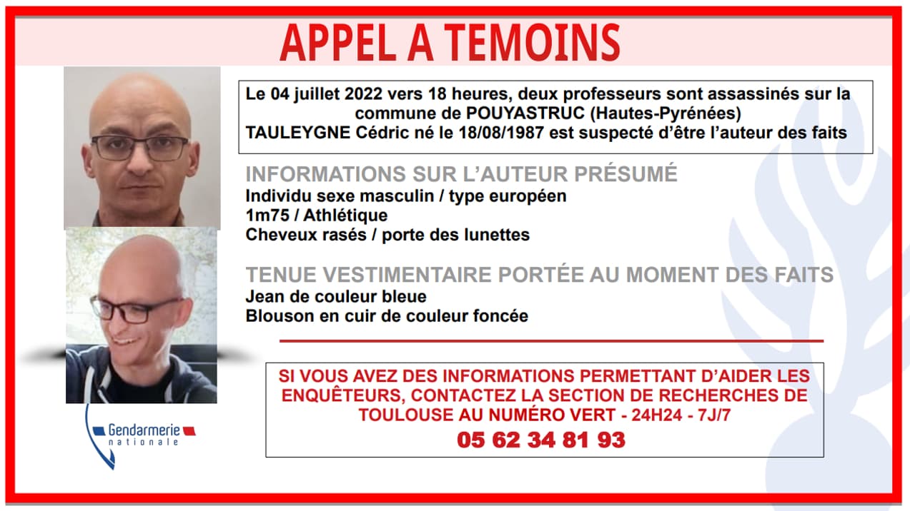 Un appel à témoins lancé le 8 juillet 2022 pour retrouver le suspect du double meurtre de Pouyastruc (Hautes-Pyrénées).