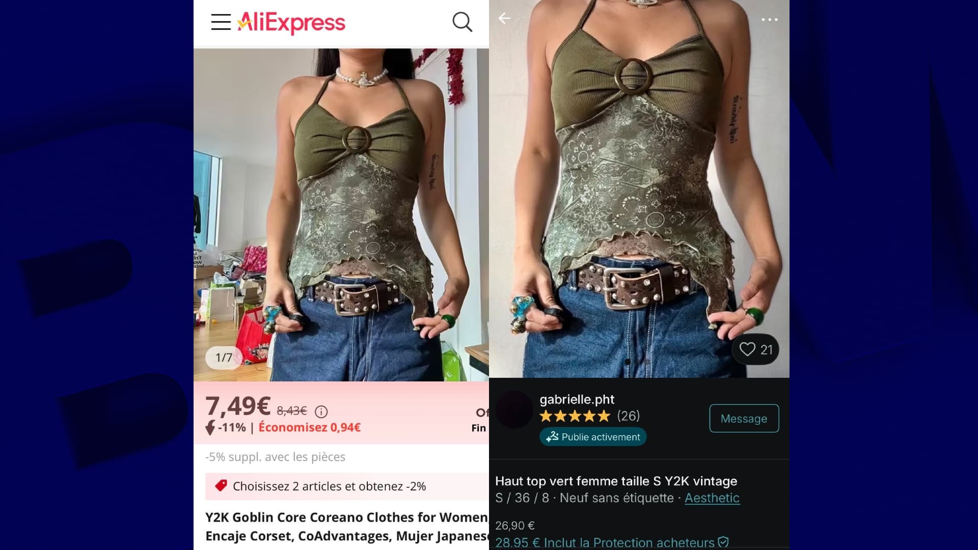 Le même débardeur vendu sur Aliexpress (8 euros) et sur Vinted (28 euros).