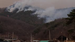 Des flammes et de la fumée s'élevant au-dessus des arbres lors d'un incendie de forêt à Uiseong (Corée du Sud), le 24 mars 2025. (Photo d'archive)