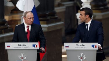 Emmanuel Macron et Vladimir Poutine le 29 mai 2017 à Versailles