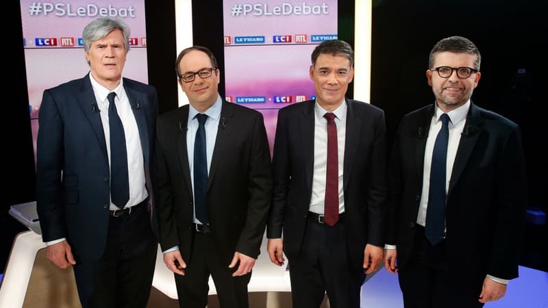 Les 4 candidats au poste de premier secrétaire du PS lors du débat organisé le 7 mars 2018.