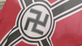 ILLUSTRATION - Un membre de la "Neo-Nazi National Alliance" brandit un drapeau néonazi lors d'une manifestation contre le soutien des Etats-Unis à Israël, à Washington le 24 août 2002.