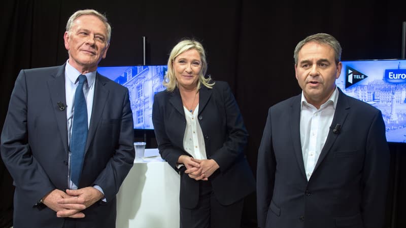 Pierre de Saintignon, Marine Le Pen et Xavier Bertrand, têtes de liste aux régionales dans le Nord-Pas-de-Calais-Picardie.