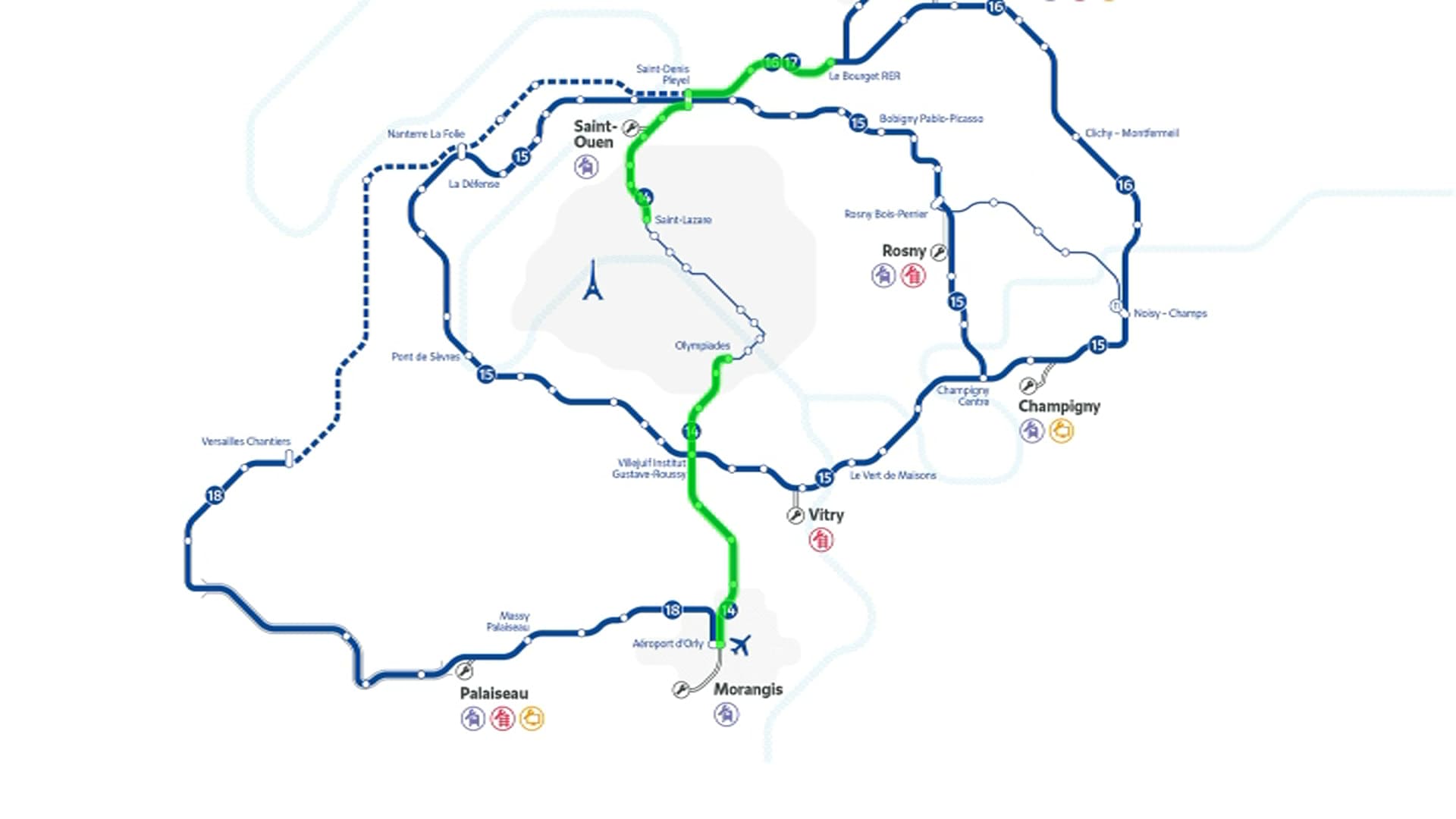 En vert, les deux tronçons de la ligne 14 qui vont être sécurisés.