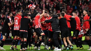 La joie des joueurs de l'Athletic Bilbao après leur qualification en finale de la Coupe du Roi au détriment de l'Atlético de Madrid (3-0), le 29 février 2024 