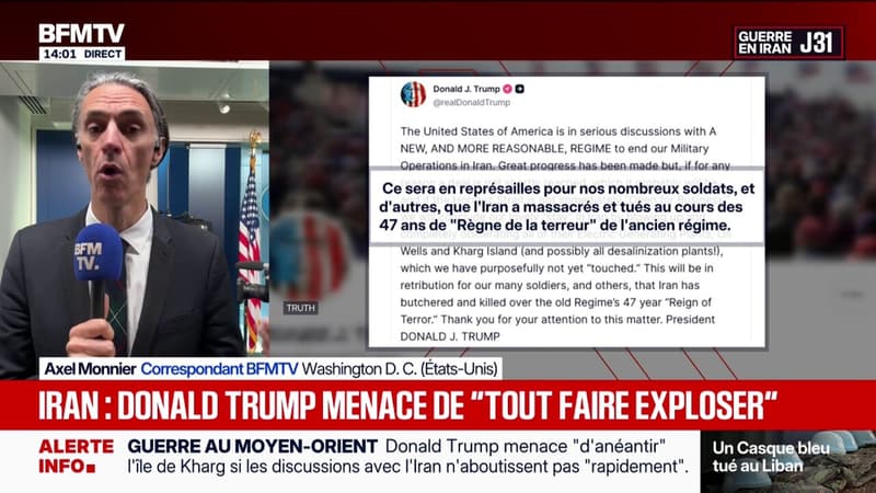 Donald Trump menace d'"anéantir" l'île de Kharg si les discussions avec l'Iran n'aboutissent pas "rapidement"